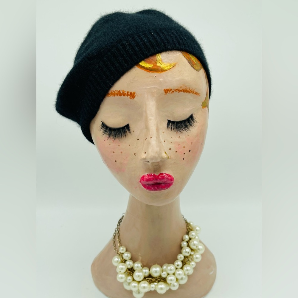 100% Cashmere Knit Beret Black- One size